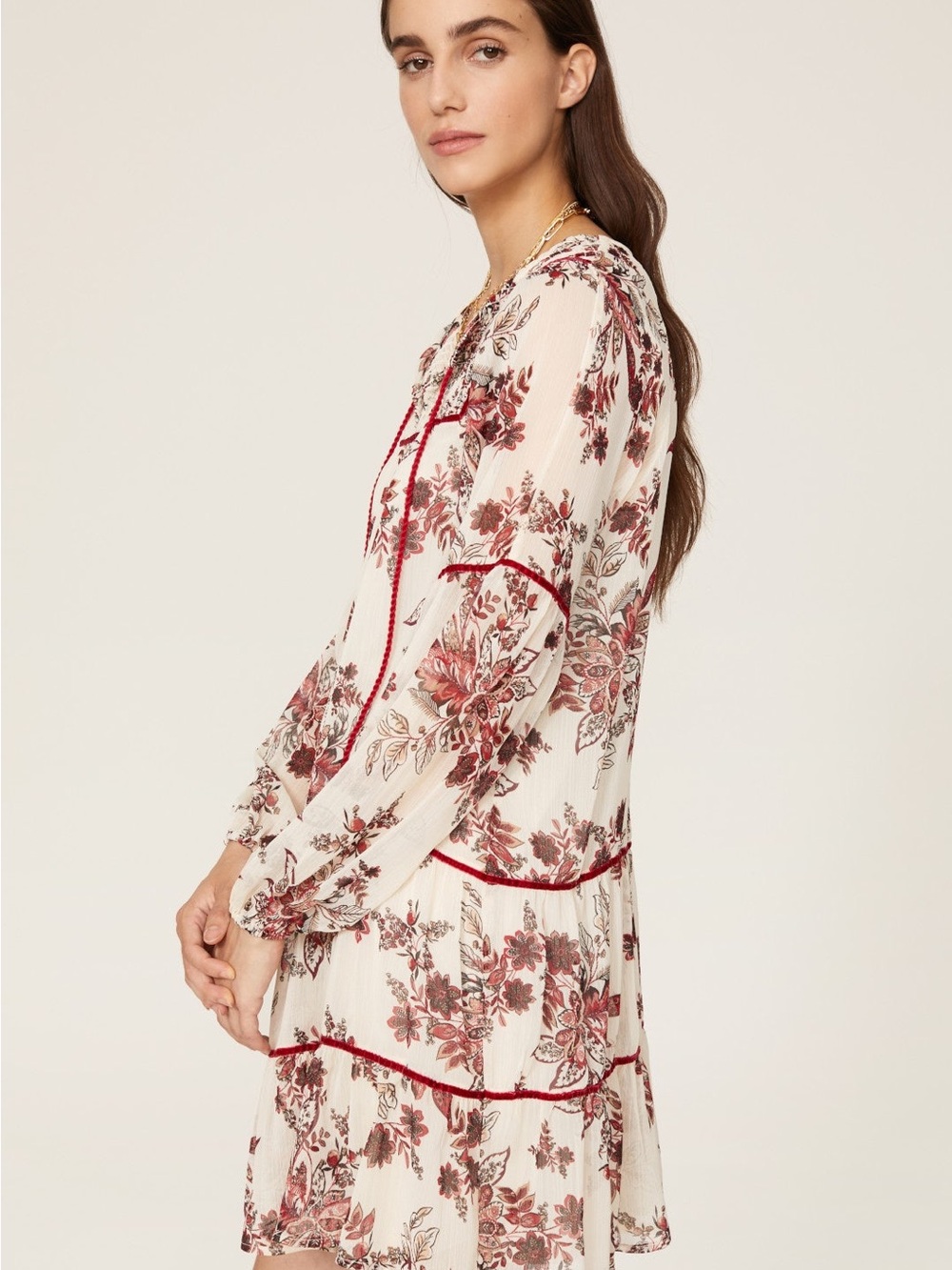 Great Jones Boho medium Floral Tie-Neck Dress in Ivory and Burgundy